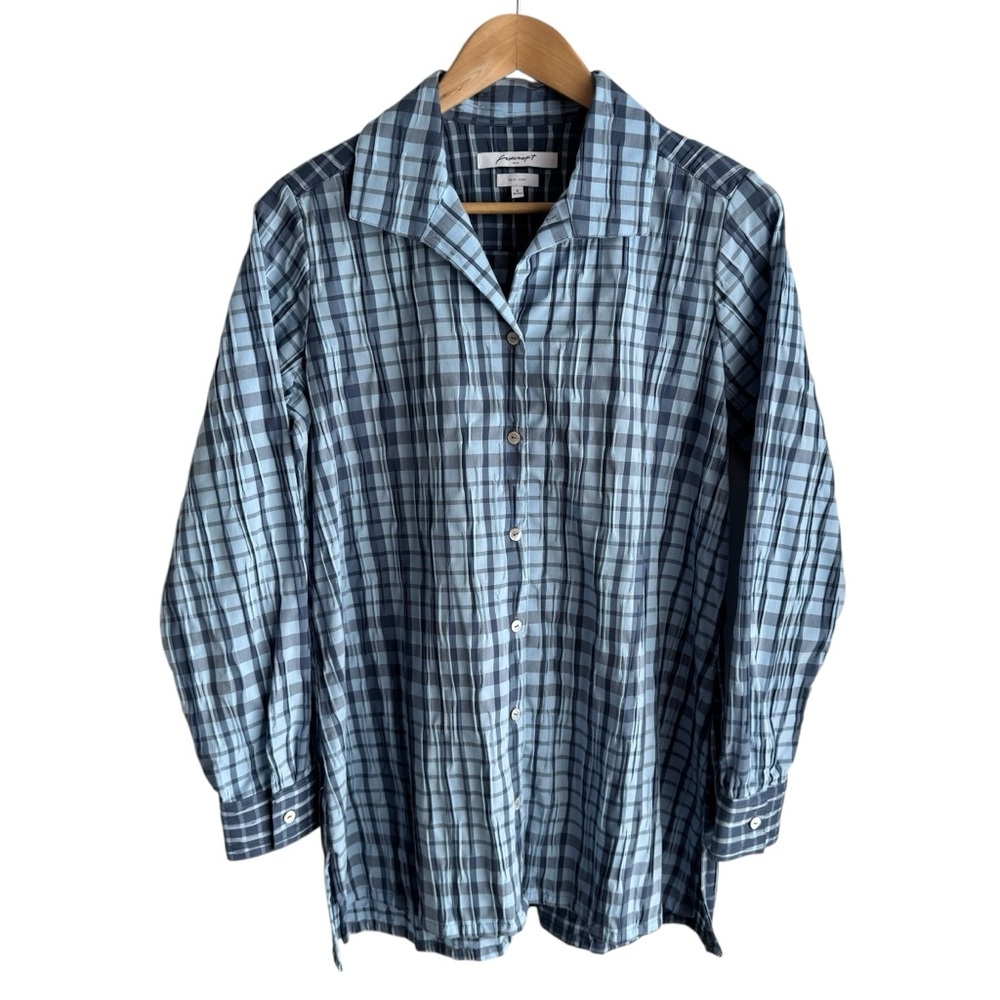Foxcroft Plaid Button Down Shirt Sz 6 Shaped Longline Tunic Top Textured NWOT